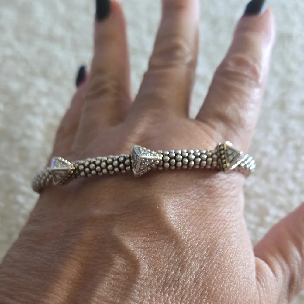 LAGOS Ksl Collection Pyramid Diamond 3 Station Silver & 18k Gold Bracelet .37 ct
